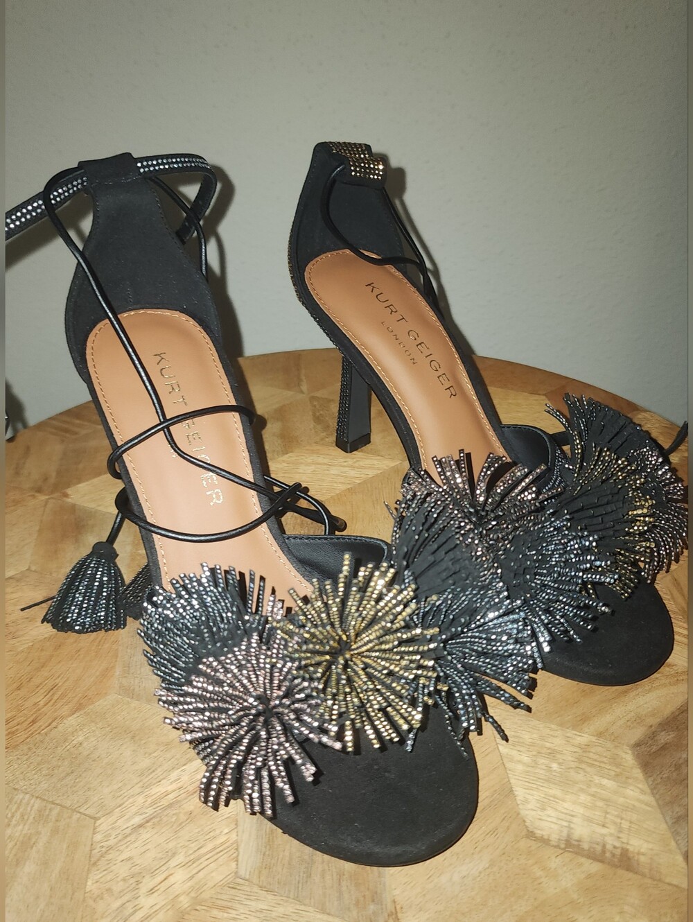 Kurt Geiger Black Embellished Ankle-Tie Heels